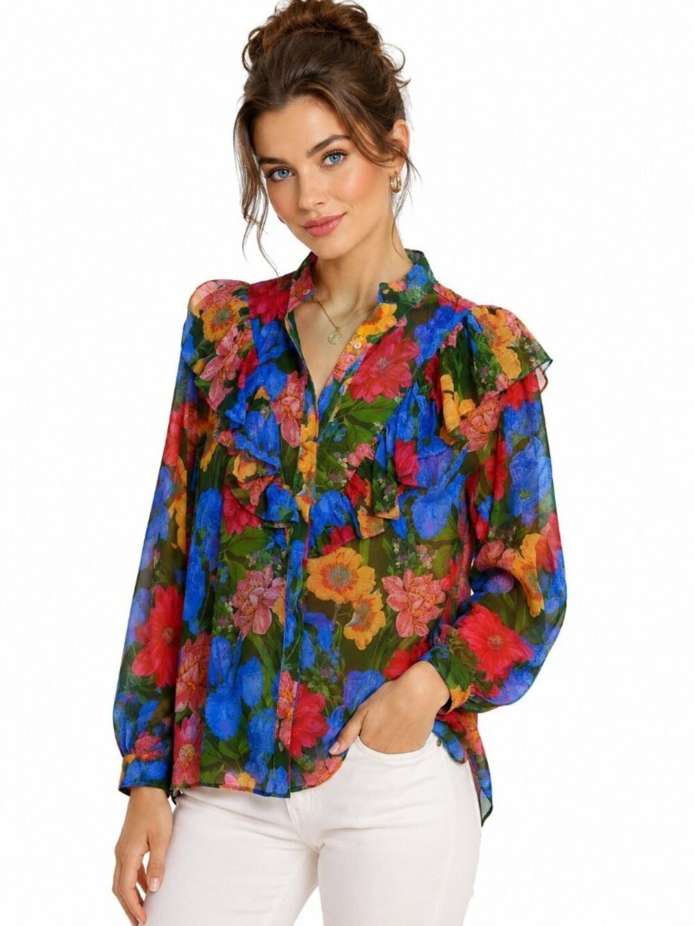 Olivaceous Floral Ruffle Blouse Women's Large Sheer Long Sleeve Lightweight